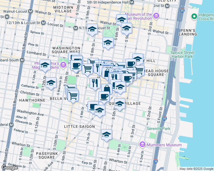 map of restaurants, bars, coffee shops, grocery stores, and more near 718 S 6th St in Philadelphia