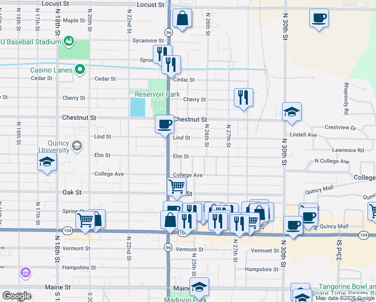 map of restaurants, bars, coffee shops, grocery stores, and more near 2533-2599 Elm Street in Quincy