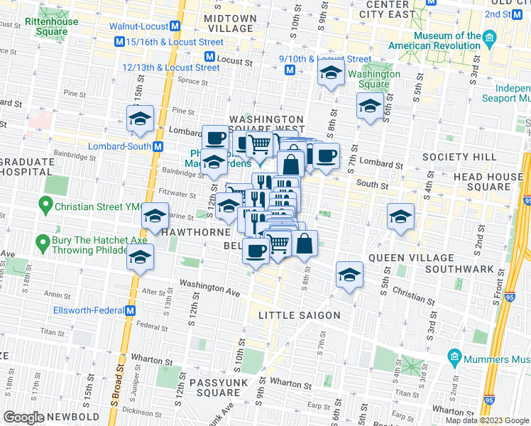 map of restaurants, bars, coffee shops, grocery stores, and more near 745 South 10th Street in Philadelphia