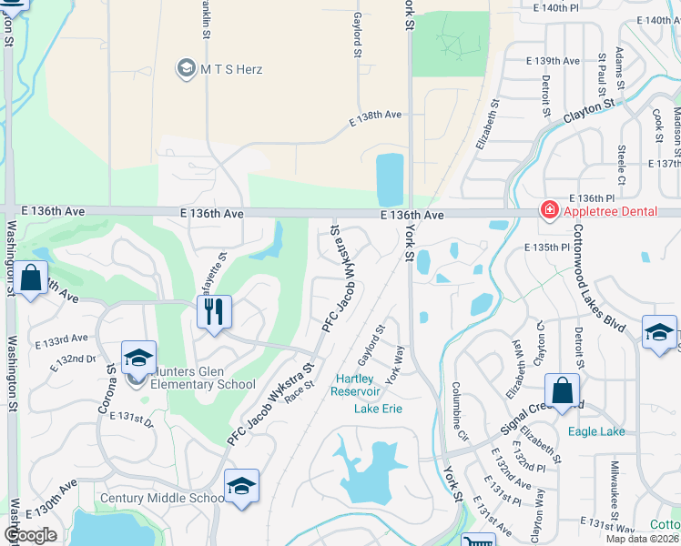 map of restaurants, bars, coffee shops, grocery stores, and more near 1885 East 135th Avenue in Thornton