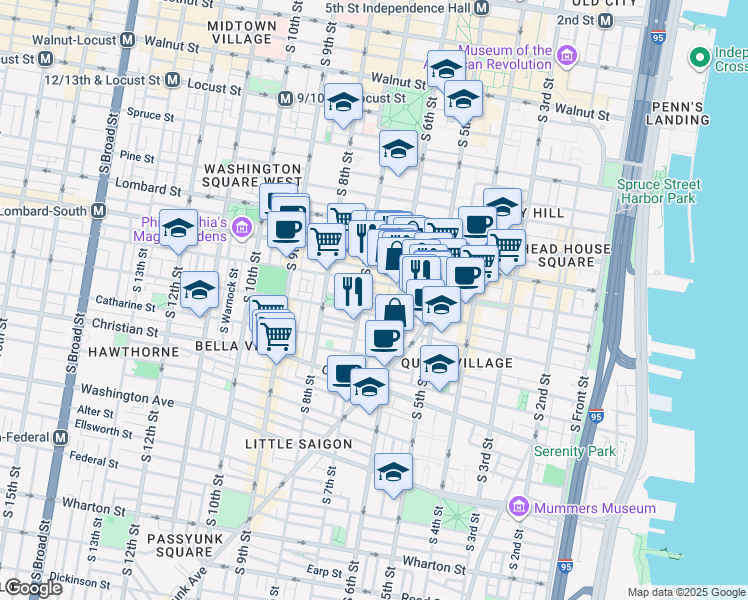 map of restaurants, bars, coffee shops, grocery stores, and more near 617 Pemberton St in Philadelphia