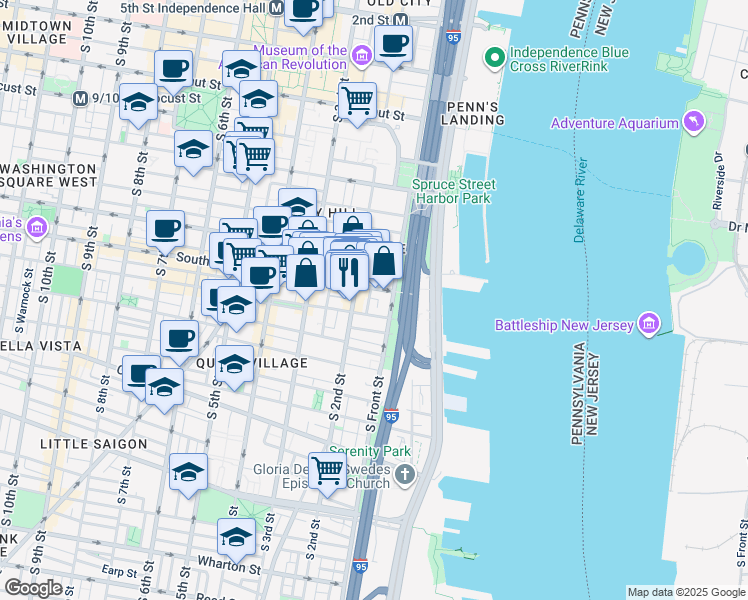 map of restaurants, bars, coffee shops, grocery stores, and more near 611 South Hancock Street in Philadelphia