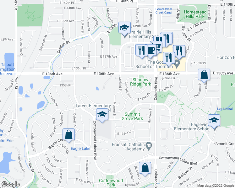 map of restaurants, bars, coffee shops, grocery stores, and more near 13487 Monroe Street in Thornton