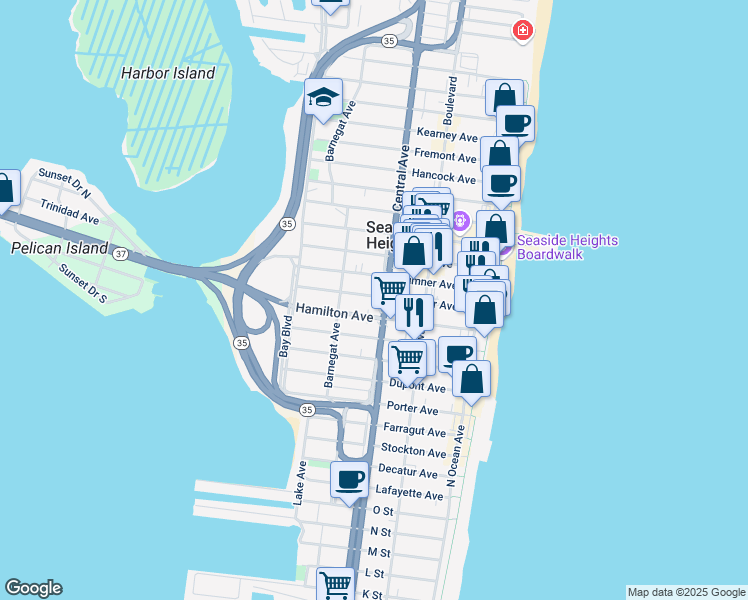 map of restaurants, bars, coffee shops, grocery stores, and more near 212 Hamilton Avenue in Seaside Heights