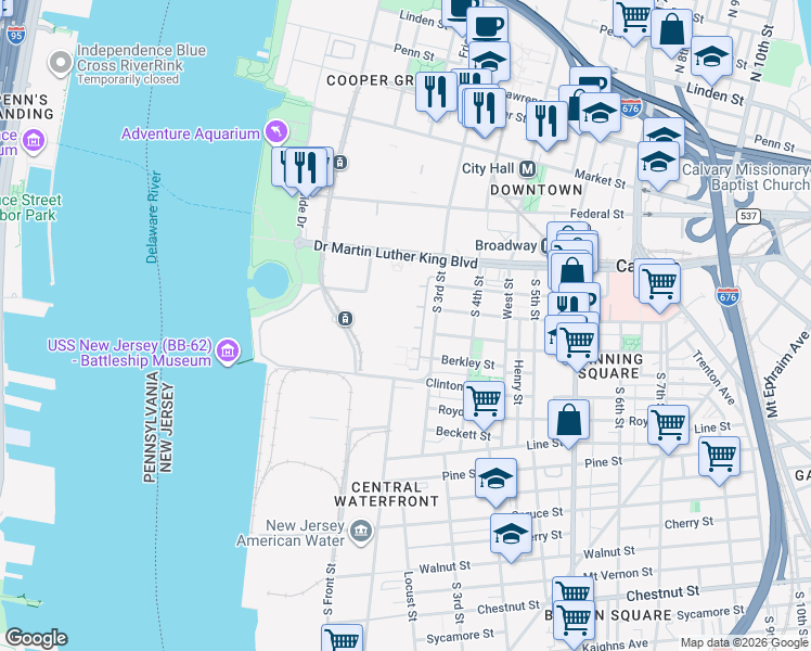 map of restaurants, bars, coffee shops, grocery stores, and more near 206 2nd Street Walk in Camden