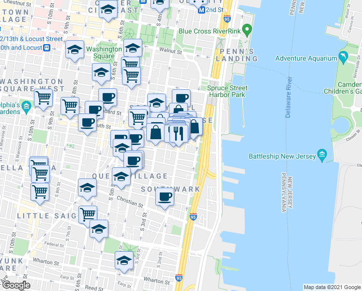 map of restaurants, bars, coffee shops, grocery stores, and more near 214 South Street in Philadelphia