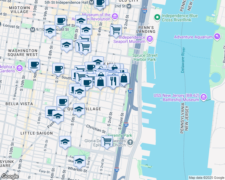 map of restaurants, bars, coffee shops, grocery stores, and more near 214 South Street in Philadelphia