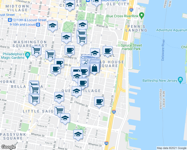map of restaurants, bars, coffee shops, grocery stores, and more near 310 Bainbridge Street in Philadelphia
