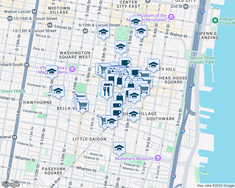 map of restaurants, bars, coffee shops, grocery stores, and more near 727 South Marshall Street in Philadelphia