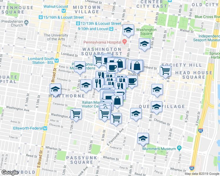 map of restaurants, bars, coffee shops, grocery stores, and more near 743 South 9th Street in Philadelphia