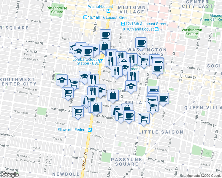 map of restaurants, bars, coffee shops, grocery stores, and more near in Philadelphia