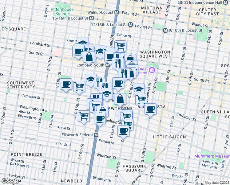 map of restaurants, bars, coffee shops, grocery stores, and more near 1331 Webster Street in Philadelphia