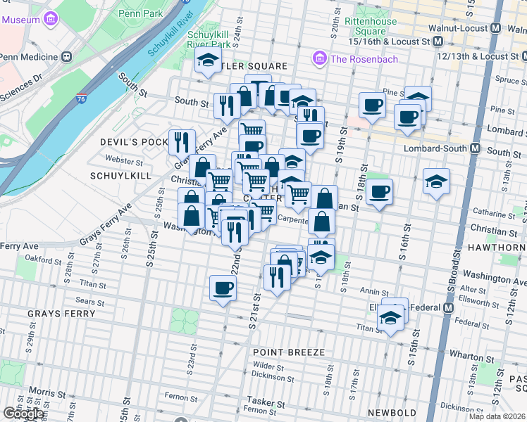 map of restaurants, bars, coffee shops, grocery stores, and more near 2120 Montrose Street in Philadelphia