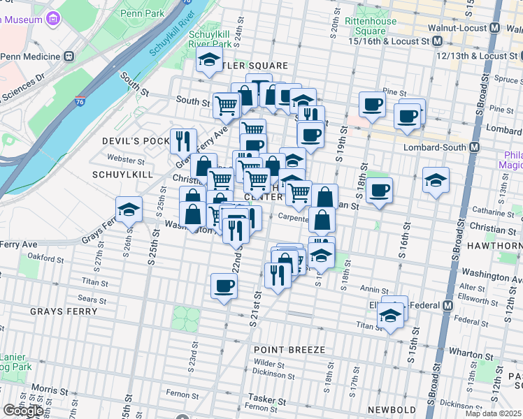 map of restaurants, bars, coffee shops, grocery stores, and more near 2120 Montrose Street in Philadelphia