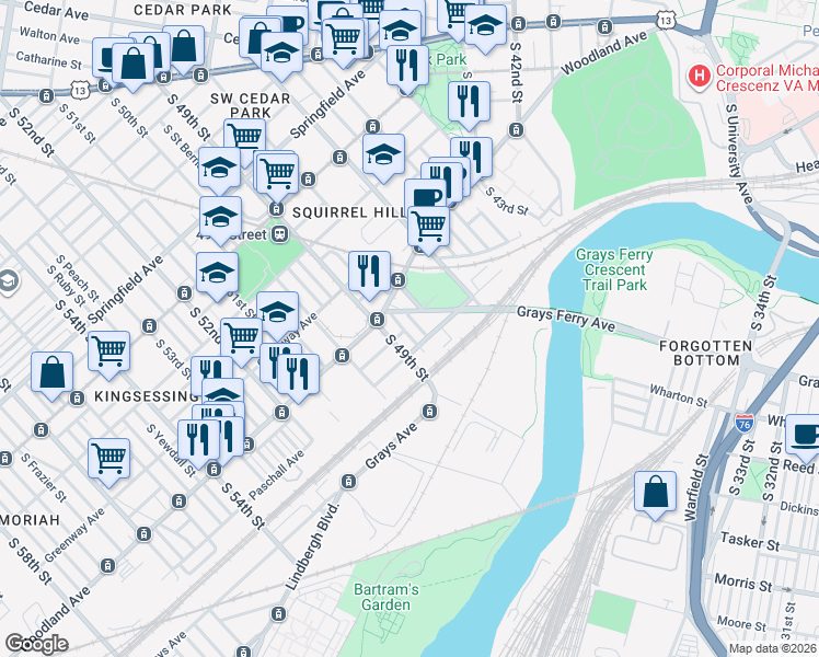 map of restaurants, bars, coffee shops, grocery stores, and more near 4830 Woodland Avenue in Philadelphia
