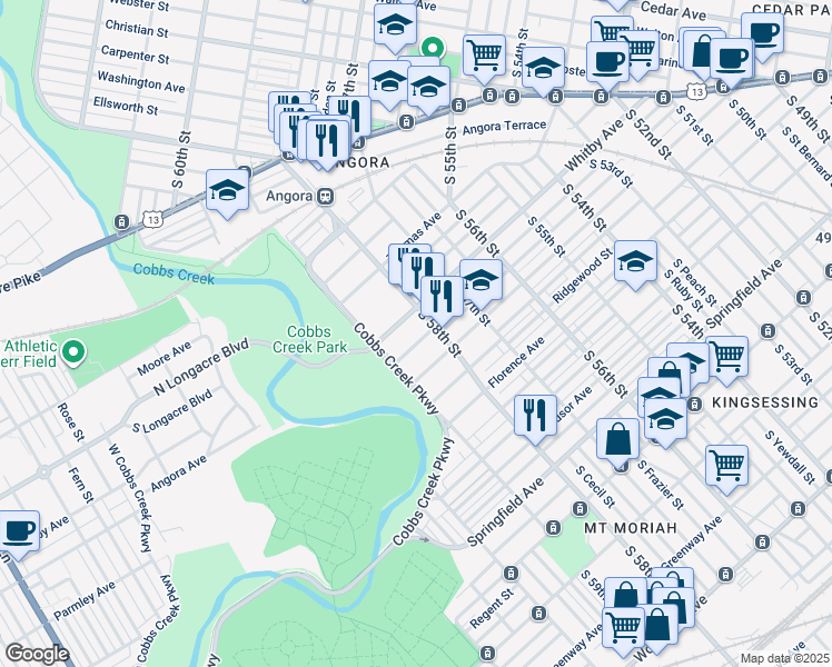 map of restaurants, bars, coffee shops, grocery stores, and more near 5819 Hadfield Street in Philadelphia