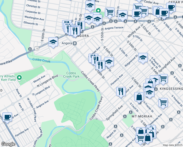 map of restaurants, bars, coffee shops, grocery stores, and more near 5837 Hadfield Street in Philadelphia