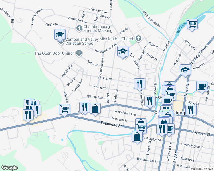 map of restaurants, bars, coffee shops, grocery stores, and more near 437 West King Street in Chambersburg