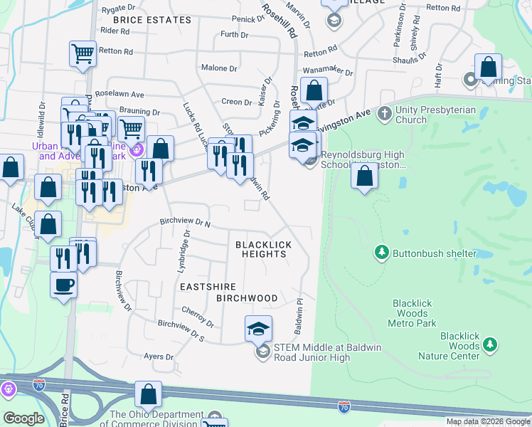 map of restaurants, bars, coffee shops, grocery stores, and more near 6565 Santa Cruz Place in Reynoldsburg