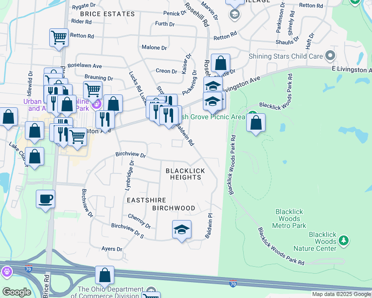 map of restaurants, bars, coffee shops, grocery stores, and more near 6565 Santa Cruz Place in Reynoldsburg