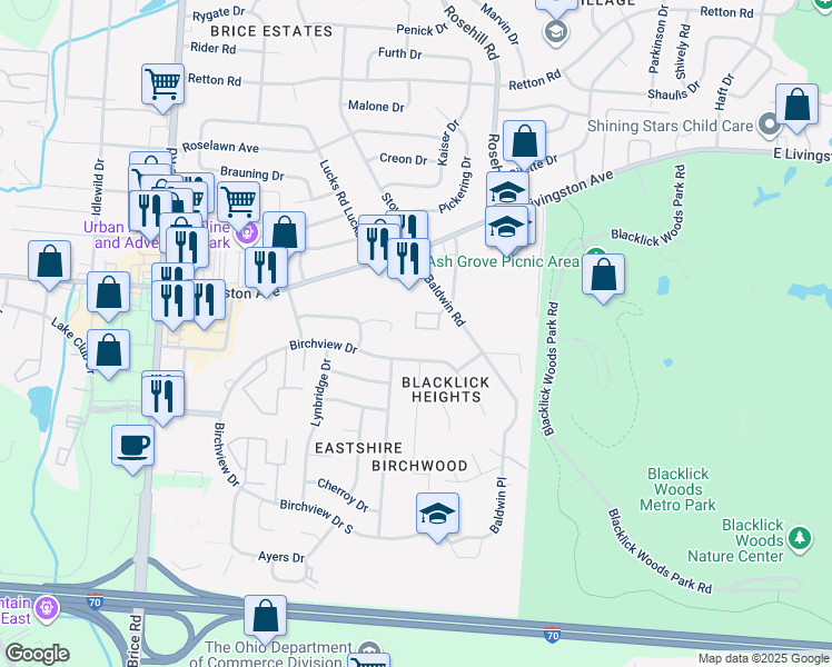 map of restaurants, bars, coffee shops, grocery stores, and more near 6565 Santa Cruz Place in Reynoldsburg