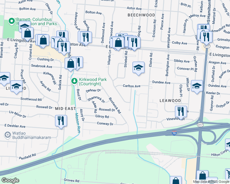 map of restaurants, bars, coffee shops, grocery stores, and more near 1623 Vilardo Lane in Columbus