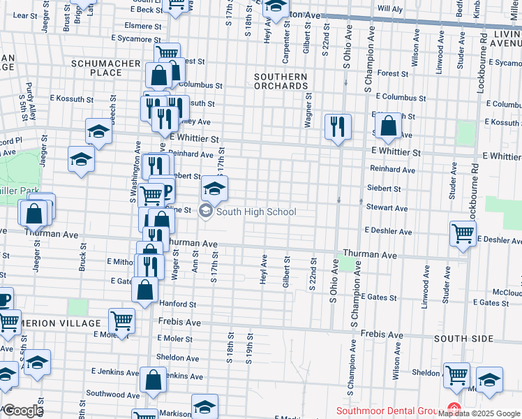 map of restaurants, bars, coffee shops, grocery stores, and more near 1155 Heyl Avenue in Columbus