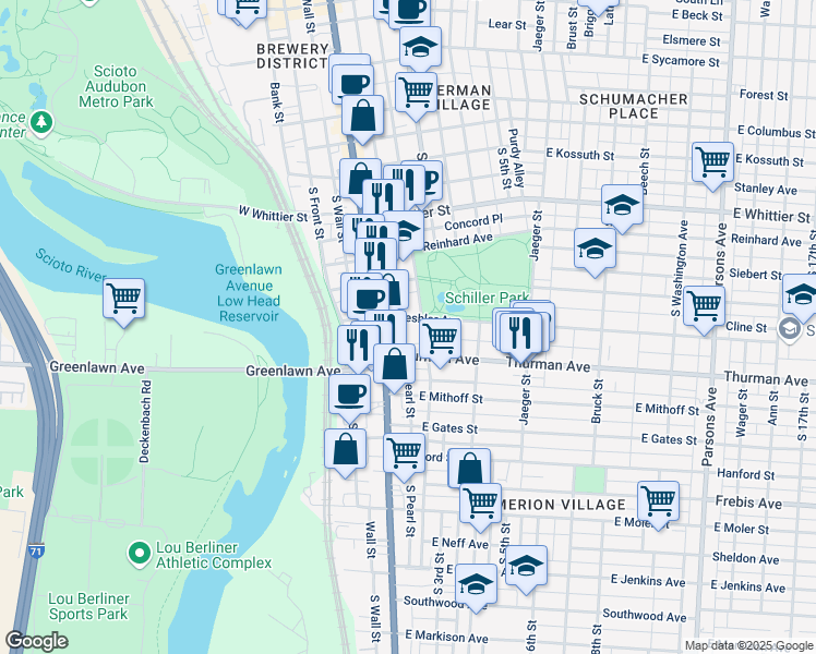 map of restaurants, bars, coffee shops, grocery stores, and more near 1061 City Park Avenue in Columbus