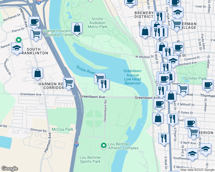 map of restaurants, bars, coffee shops, grocery stores, and more near 300 Greenlawn Avenue in Columbus