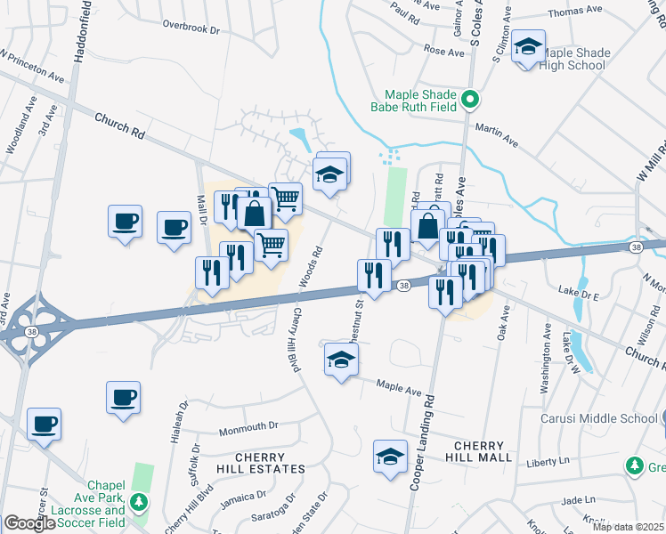 map of restaurants, bars, coffee shops, grocery stores, and more near 2150 New Jersey 38 in Cherry Hill