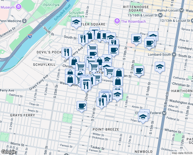 map of restaurants, bars, coffee shops, grocery stores, and more near 2120 Montrose Street in Philadelphia