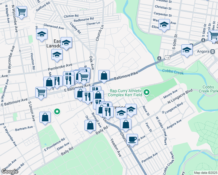 map of restaurants, bars, coffee shops, grocery stores, and more near 23 Kelly Street in Lansdowne