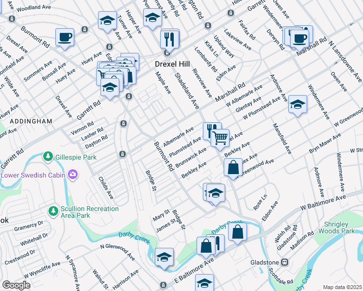 map of restaurants, bars, coffee shops, grocery stores, and more near 3413 Plumstead Avenue in Drexel Hill