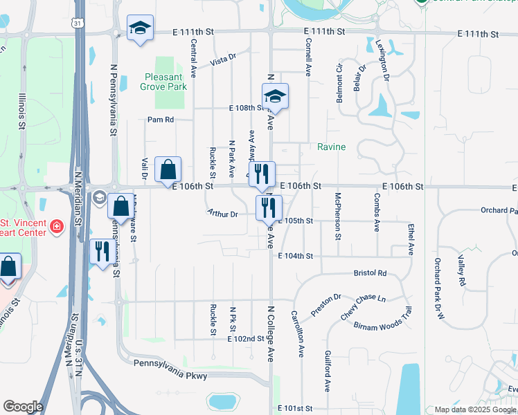 map of restaurants, bars, coffee shops, grocery stores, and more near 660 Arthur Drive in Indianapolis