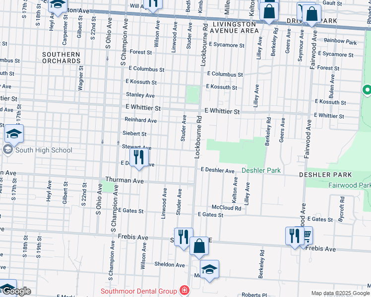 map of restaurants, bars, coffee shops, grocery stores, and more near 1222 Studer Avenue in Columbus