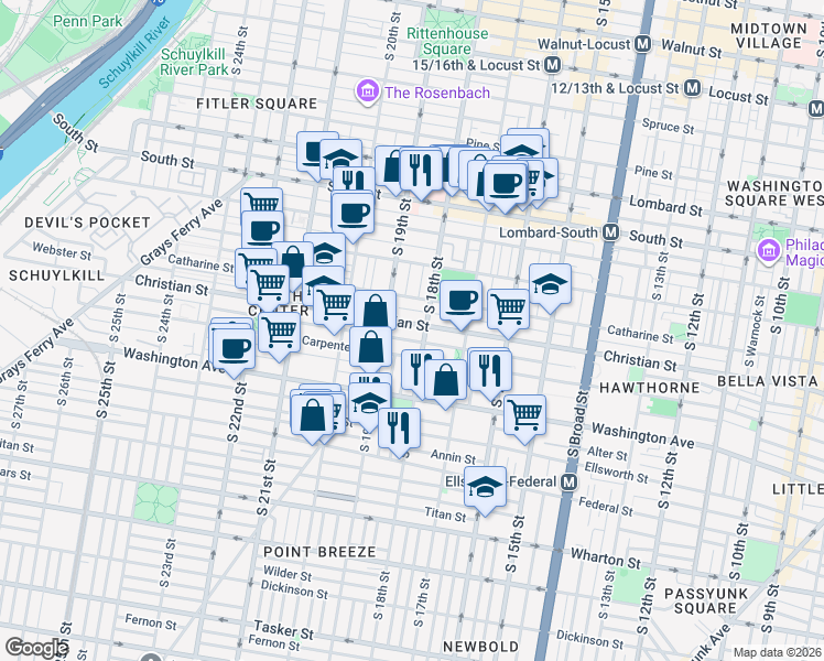 map of restaurants, bars, coffee shops, grocery stores, and more near 1829 Montrose Street in Philadelphia