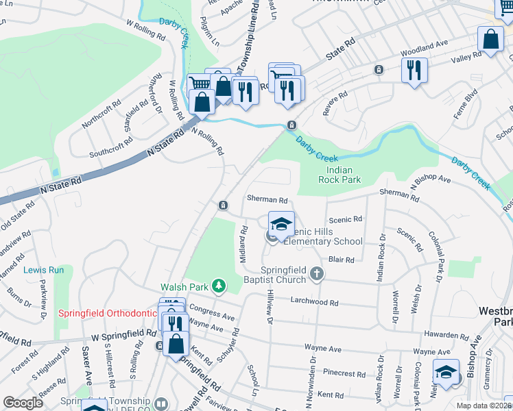 map of restaurants, bars, coffee shops, grocery stores, and more near 115 Scenic Road in Springfield