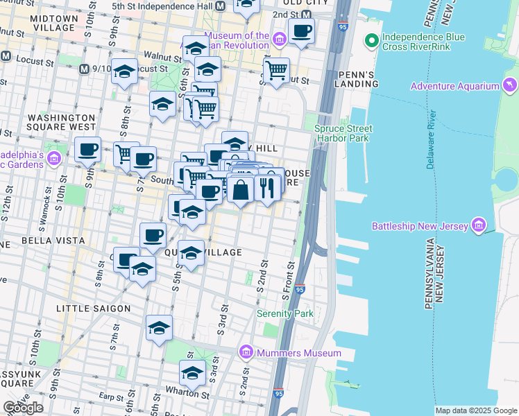 map of restaurants, bars, coffee shops, grocery stores, and more near 621 South American Street in Philadelphia