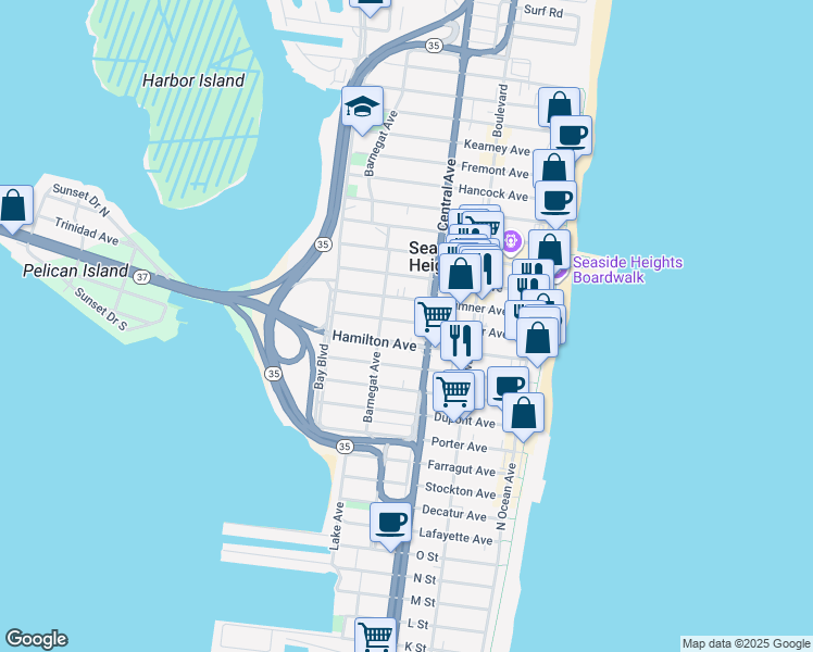 map of restaurants, bars, coffee shops, grocery stores, and more near 212 Hamilton Avenue in Seaside Heights