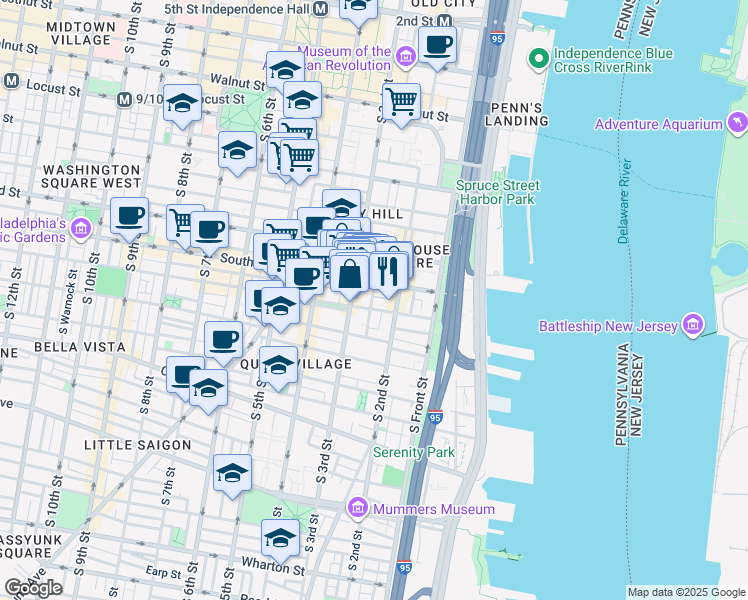 map of restaurants, bars, coffee shops, grocery stores, and more near 621 South American Street in Philadelphia