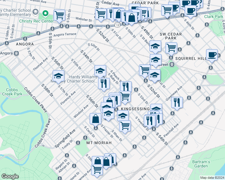 map of restaurants, bars, coffee shops, grocery stores, and more near 5412 Belmar Street in Philadelphia