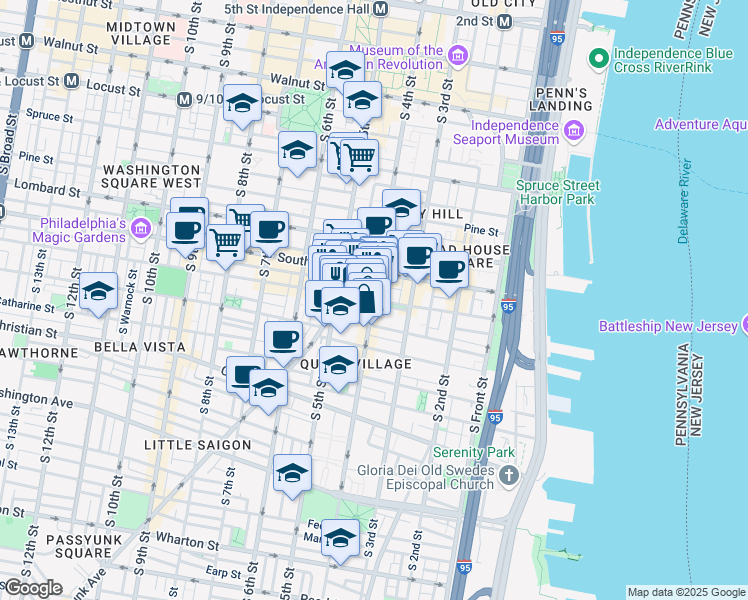 map of restaurants, bars, coffee shops, grocery stores, and more near S 4th St & Bainbridge St in Philadelphia
