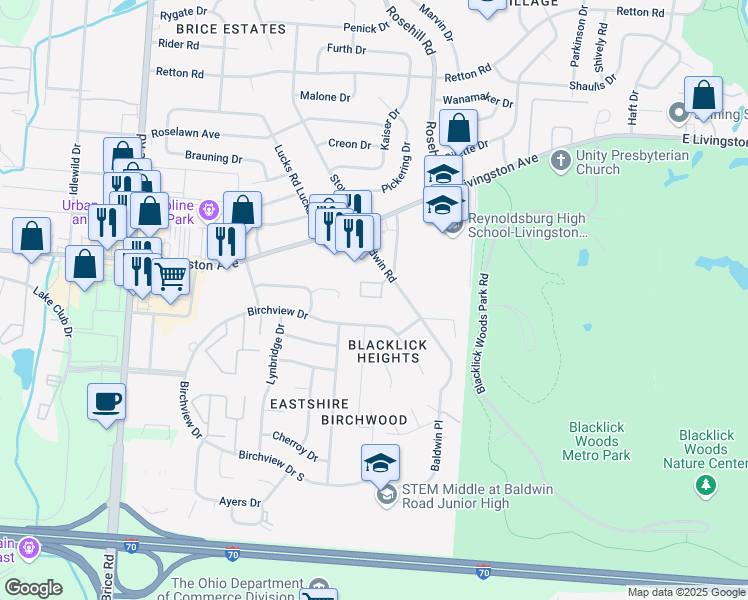 map of restaurants, bars, coffee shops, grocery stores, and more near 6565 Santa Cruz Place in Reynoldsburg
