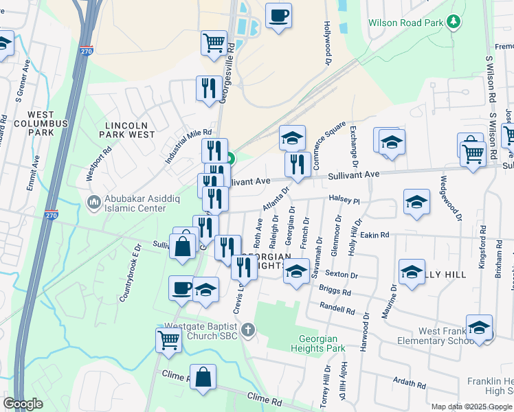 map of restaurants, bars, coffee shops, grocery stores, and more near 4148 Atlanta Drive in Columbus