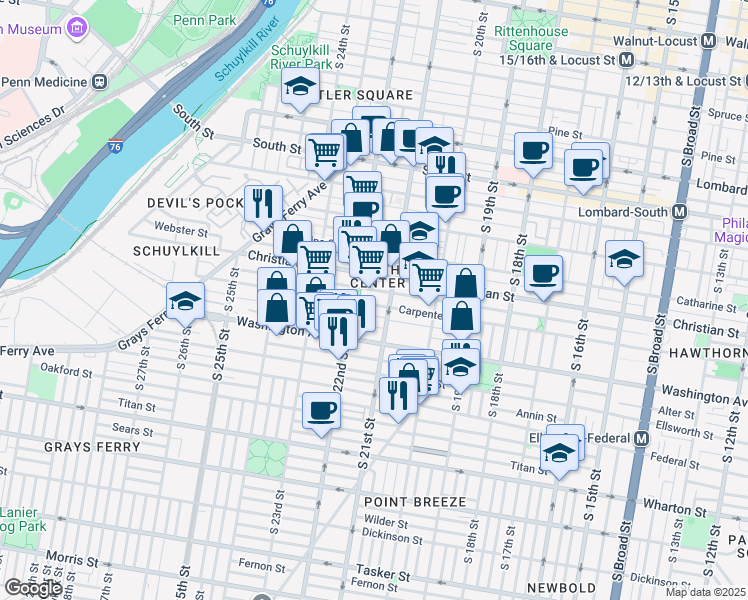 map of restaurants, bars, coffee shops, grocery stores, and more near 2114 Carpenter Street in Philadelphia