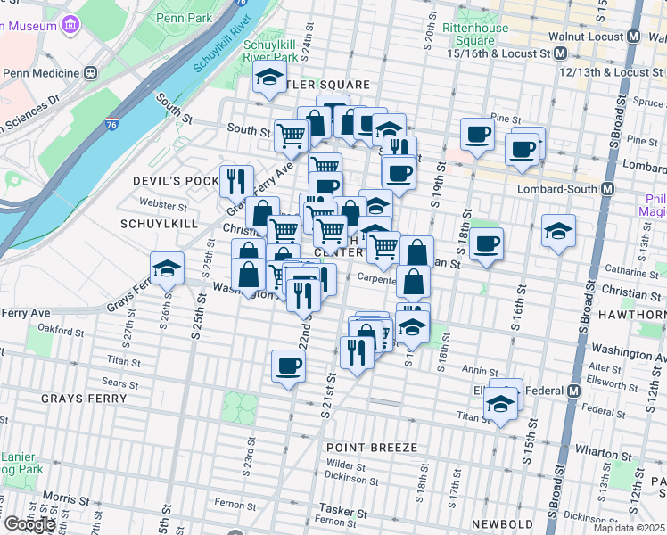map of restaurants, bars, coffee shops, grocery stores, and more near 2114 Carpenter Street in Philadelphia