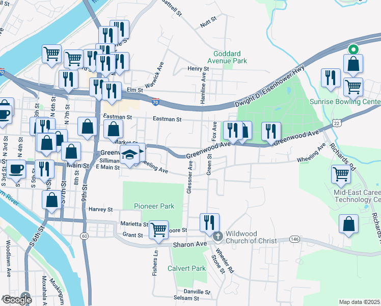 map of restaurants, bars, coffee shops, grocery stores, and more near 1228 U.S. 22 in Zanesville