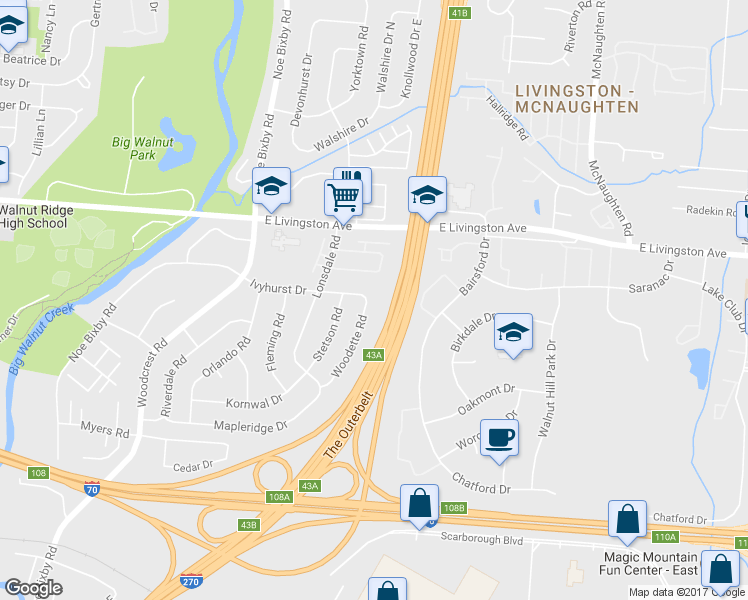 map of restaurants, bars, coffee shops, grocery stores, and more near 1810 Woodette Road in Columbus