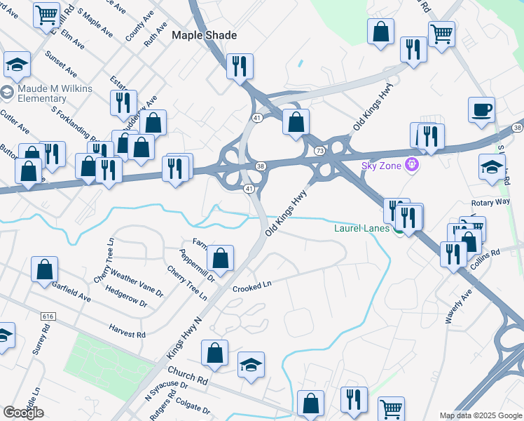 map of restaurants, bars, coffee shops, grocery stores, and more near 52 East Kings Highway in Maple Shade Township