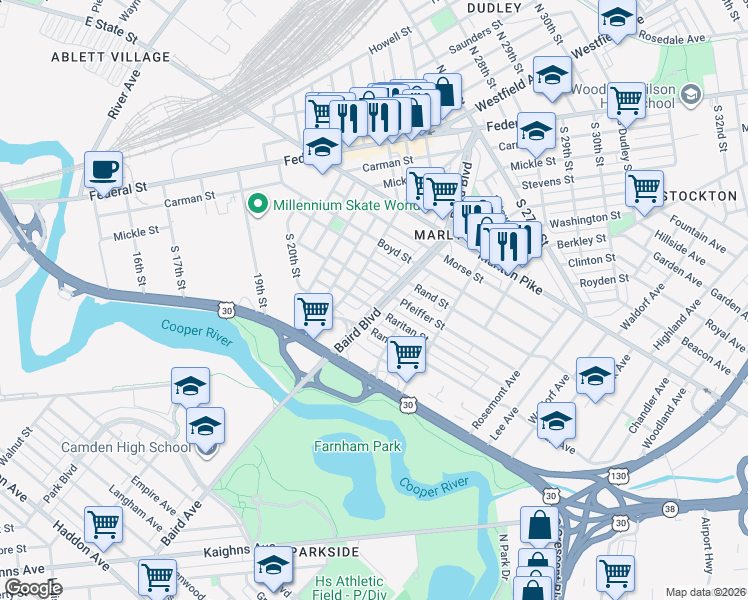 map of restaurants, bars, coffee shops, grocery stores, and more near 2257 Baird Boulevard in Camden